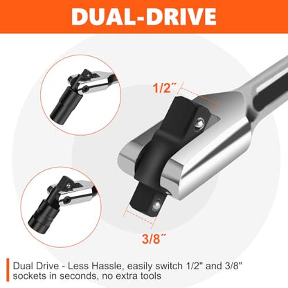 Matework Breaker Bar 3/8" & 1/2" Dual Drive, 16-Inch Length, Heavy Duty Breaker Bar with 360° Flex Head, CR-MO Steel - style: 3/8" & 1/2" Dual Drive (16-inch)