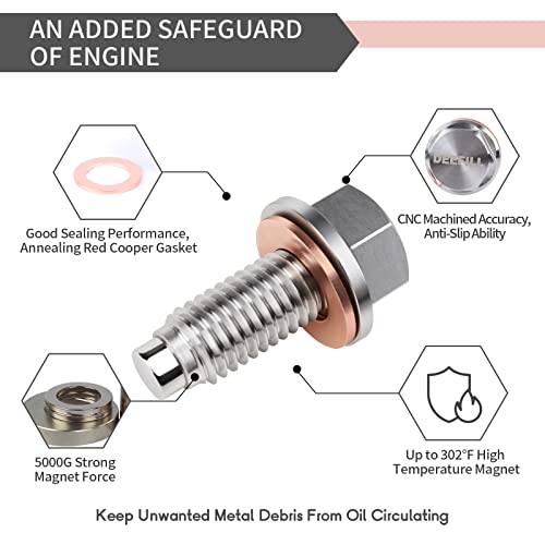 M12 x 1.75 Magnetic Oil Drain Plug, Stainless Steel Sump Drain Nut Bolt with Copper Crush Washer Compatible with GMC, Chevrolet, Buick, Cadillac