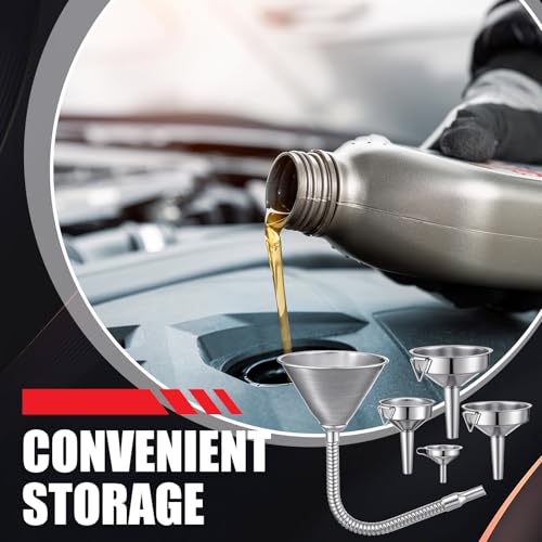 Blulu Set of 5 Stainless Steel Flexible Oil Funnels for Automotive Use Bendable Spout Funnel for Cars Boat Canning Diesel Fuel Other Liquids, with Hose and Filter