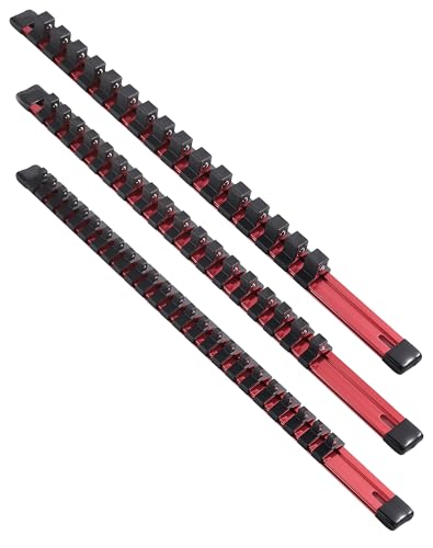 ALOANES 3-Piece Aluminum Alloy Socket Organizer, Heavy Duty Socket Racks, Socket Holder Kit for Toolbox Drawer Fit 1/2, 3/8, 1/4-Inch Socket Holder x 58 Clips (Red) - color: Red, size: 3PC