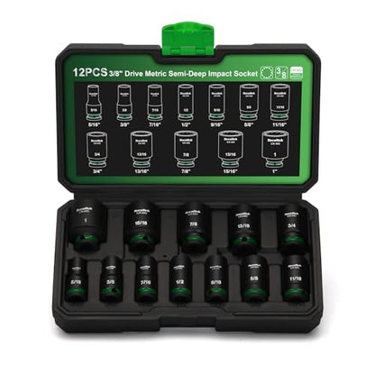 TecoTek 3/8-Inch Drive 12-Point SAE Semi-Deep Impact Socket Set, Mid-Length Socket Set, 5/16-Inch to 1-Inch, CR-MO, Stamped and Ink Filled Size Marking, 12-Piece - size: 5/16-Inch to 1-Inch