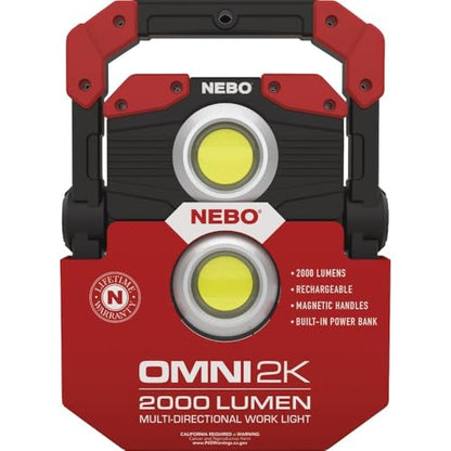 NEBO OMNI 2K Rechargeable Work Light | 2000 Lumens COB, 6 Light Modes, Rotating Magnetic Handles, Built-In Power Bank, Water Resistant, Portable Camping Lantern, Includes USB-C Charging Cable - style: 2000 Lumens