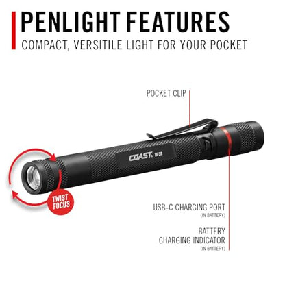 Coast HP3R 500 Lumen Rechargeable LED Penlight with Twist Focus, Green - color: Green