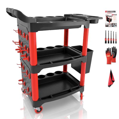 Auto Detailing Cart with Wheels, 3 Tier Rolling Detail Cart | With Long Hanging Plate, Hooks, Hanging Bucket and Cat Ear Basket, for Detailers Garage, Workshop, Repair Shop, Storage Tool - color: Upgraded