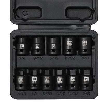 3/8" Drive Pipe Plug Socket Set, 11-Piece, SAE, CR-MO, Tapered Male Square Drive, Chamfered Female Square Drive - size: 3/8" Drive