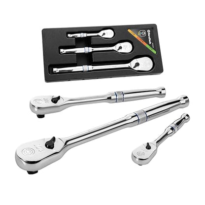 DURATECH 3-Piece Ratchet Set, 1/4", 3/8", 1/2" Drive | 90-Tooth, Dirt Resistance, Chrome Alloy, Fully Polished, Storage Case - style: Low Profile
