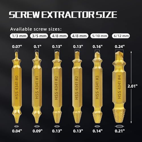 RENYU 6 Pcs Damaged Screw Extractor Kit, HSS 4341 Screw Extractor Remover Set for Stripped Bolts Drill Bit Tools Stripped Head Screws Nuts