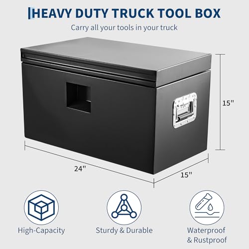 Industrial Steel Truck Tool Box w/Gas-Shock Lid, Pry-Resistant Security & Weatherproofing Toolbox Organizer Chest Fits Pickup, Truck Bed, RV, Trailer - color: Black, size: 15X15X24 inch
