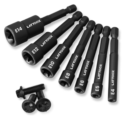 7PCS E-TORX Nut Driver Set | 1/4'' Hex Shank, Female Torx Nut Driver, External Star Nut Driver Set for Impact Drill, E4 E5 E6 E8 E10 E12 E14