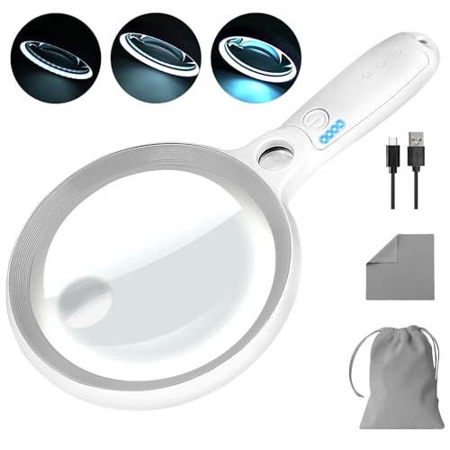 Large Magnifying Glass with 37 LED Light, 10X 20X 45X Handheld Illuminated Lighted Magnifier with 3 Light Modes Rechargeable Magnifying Glass for Seniors Reading, Inspection (Grey & White) - color: Grey & White, size: Magnifier with Light (No Case)