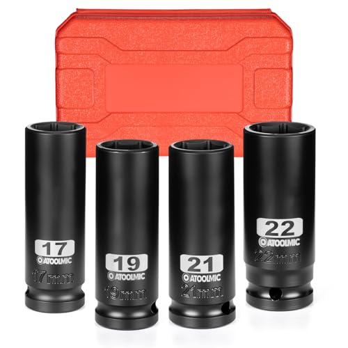 4 PCS Metric Impact Socket Set 1/2" Square Drive,Deep 17mm,19mm,21mm,22mm Allen Sockets,CR-MO Alloy Steel,6 Point Radius Corner Design,Rugged Construction,With Storage Red Case - size: 1/2" Metric 4pc