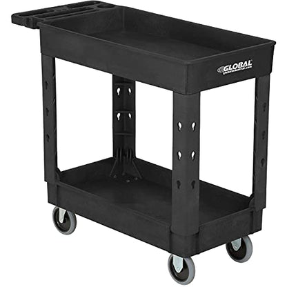 Global Industrial Industrial Service & Utility Cart, Plastic 2 Shelf Tray Black, 38” x 17-1/2”, 5" Rubber Casters - color: Black