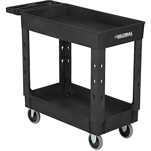 Global Industrial Industrial Service & Utility Cart, Plastic 2 Shelf Tray Black, 38” x 17-1/2”, 5" Rubber Casters - color: Black