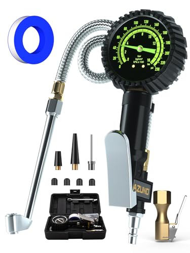 AZUNO Heavy Duty Tire Pressure Gauge, Tire Inflator Gauge 230PSI Air Chuck Air Compressor Attachments, with Steel Braided Hose, Large 2.6" Glow Dial & Quick Connect Coupler, for Truck/Car/SUV/RV/Bike - size: 230 PSI Analog For Truck&RV