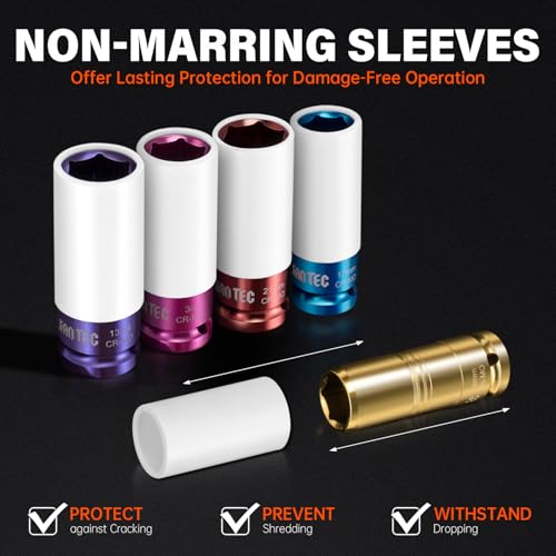 9-Piece Impact Lug Nut Socket Set, 1/2" Drive | Metric (17,19,21mm) & SAE (3/4" to 1-1/16"), Thin Wall 6-Point Design, Colored Protective Sleeves, Non-Marring Rim Guard - style: 17 19 21MM ; 3/4",13/16",7/8",15/16",1",1-1/16"