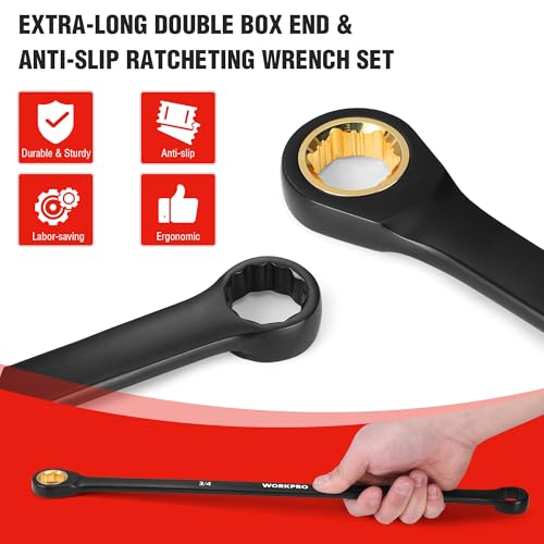 WORKPRO Extra Long Ratcheting Wrench Set, 9-Piece Anti-Slip Double Box Wrenches Set, SAE 5/16-3/4 in, 72-Teeth, Cr-V Steel and Black Electrophoretic Coating Wrenches with Rolling Pouch - size: SAE