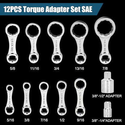 Torque Adapter Set SAE 12PCS, Includes 5/16", 3/8", 7/16", 1/2", 9/16", 5/8", 11/16", 3/4", 13/16", 7/8", 12 Point Box End Torque Wrench Extension Adapter 3/8" Drive, with 1/2" + 1/4" Drive Converters - size: SAE 5/16" - 7/8"