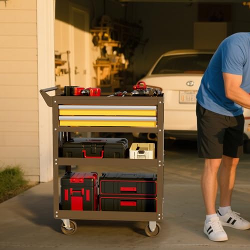 5-Tier Heavy Duty Tool Cart, 400 lbs Capacity Steel Rolling Cart with 2 Lockable Drawers and Pegboard for Garage Workshop Mechanic - size: 5-LAYER (TWO DRAWERS)
