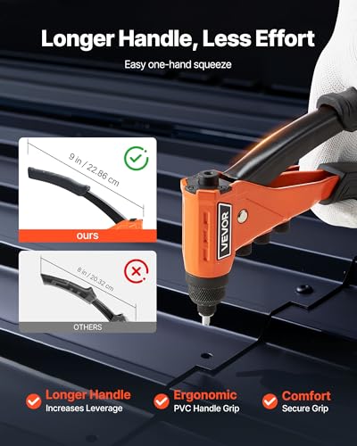 VEVOR Pop Rivet Gun Kit, with 200 Blind Rivets, Heavy Duty Single Hand Riveter with 4 Interchangeable Nosepieces, 4 Drill Bits, and a Carrying Case, Manual Riveting Tool for Metal, Automotive, Home - size: 9", style: RIVET GUN