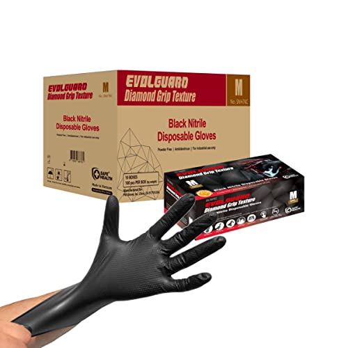 Safe Health Nitrile Industrial Disposable Gloves, Black 6 Mil, Orange 8 Mil, Diamond Textured - color: Black 1 Case of 1000 Pcs-medium