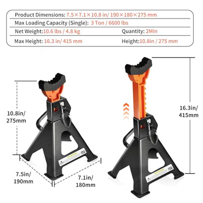 Jack Stands, 3 Ton (6,600 lbs) Extra Tall Heavy Duty Car Jack Stand