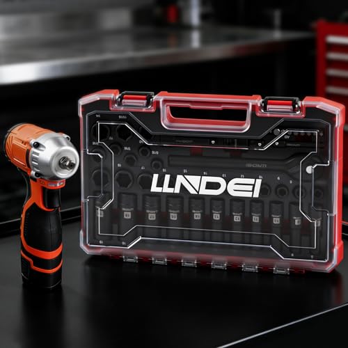 LLNDEI 3/8" Drive Impact Socket Set (Metric & Sae) 45Pcs | Transparent Case and EVA Foam Insert, Cr-V Material, Automotive Engine and Daily Home Repair, Engine Repair, Tire Changes