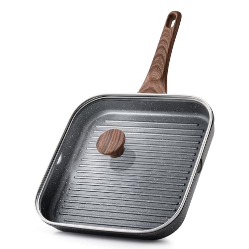 SENSARTE Nonstick Grill Pan with Lid, Grill Pan for Stove Tops, Versatile Griddle Pan with Pour Spouts, Square Grill Pan for Big Cooking Surface, Grill Skillet for Indoor Outdoor Grilling. PFOA Free - color: Gray Granite, size: 11 Inch+Lid