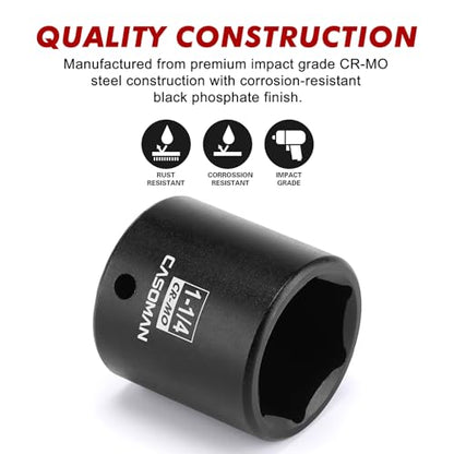 CASOMAN 1/2" Drive x 1-1/4" Impact Socket, 6-Point, SAE, CR-MO - size: 1-1/4 in. (Shallow), style: 6-Point Socket