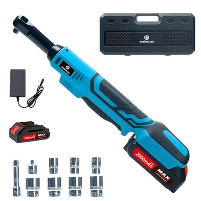 Zeekmus Cordless Ratchet Wrench Set - 3/8" Electric Power Ratchet Kit with 400RPM, LED Work Light, and 2.0Ah Batteries, Adapters and Extension Bars Variable Speed, with Case