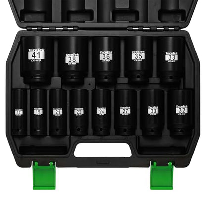 TecoTek 1/2" Drive Deep 6-Point Impact Socket Set, 13-Piece Spindle Axle Nut Impact Socket Set, Cr-Mo, Metric (17mm to 41mm), Enhanced Storage Case - size: 11/16-Inch to 1-5/8-Inch (13 pieces)