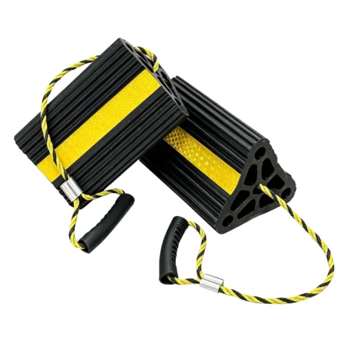 Vacallity Solid Rubber Wheel Chock for Travel Trailers Camper RV Truck Car, Sturdiness Heavy Duty Simple Easy to use, Tires Chock Block Stopper with Nylon Rope Yellow Reflective Tape - size: 8.2" 1pair