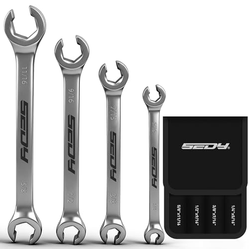 4-Piece Flare Nut Wrench Set - SAE Brake Line Wrench 1/4, 5/16, 3/8, 7/16, 1/2, 9/16, 5/8, 11/16-inch, Professional Offset Heads, Portable Organizer Pouch Included - style: 4-Pc SAE (Flare Nut)
