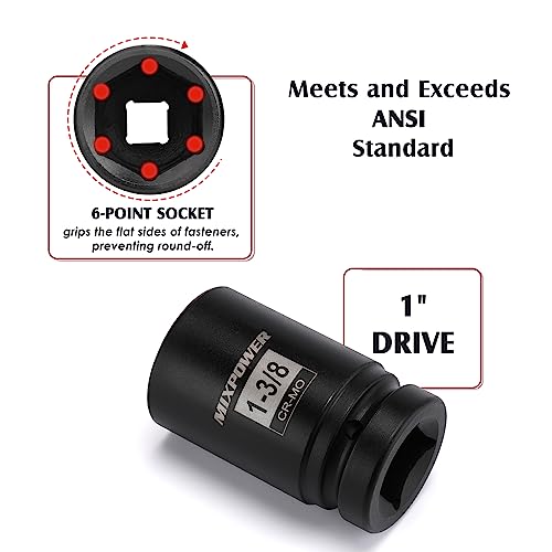 MIXPOWER 9PCS 1"Drive Impact Deep Socket Set, 6 Point, 1" - 2", CR-MO, SAE, Deep, 1" Dr. Deep Spindle Axle Nut Impact Socket Set - size: 25.4mm-50.8mm (9 Pieces)