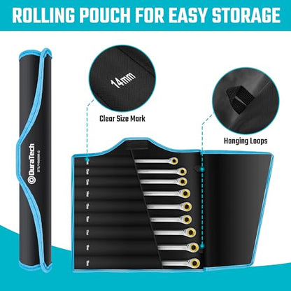 DURATECH Extra Long Anti-Slip Ratcheting Wrench Set, Double Box End Wrench Set, 9-Piece, Metric, 10, 12, 13, 14, 15, 16, 17, 18, 19mm, CR-V Steel, with Rolling Pouch - size: 10-19mm