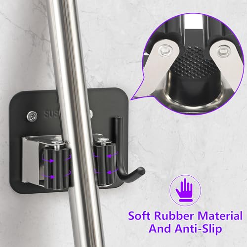 Broom Holder Wall Mount Rack, 304 Stainless Steel Mop and Tool Organizer | Drill-Mounted Gripper Rack Holds Brooms, Mops and Garden Tools Safely in the Laundry Room, Kitchen, Garage, Garden and Shed - color: Black-Silver