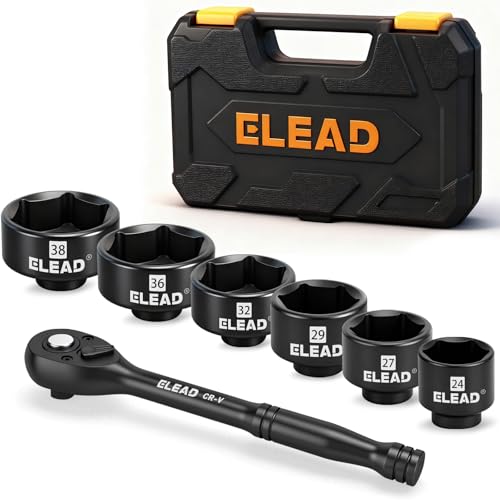 ELEAD 7-Piece 24-38mm Oil Filter Socket Wrench Set, 3/8'' Drive Oil Filter Cap Removal Tool, Oil-change Kit with 3/8'' Drive Ratchet Wrench Handle, Compatible with Toyota BMW Audi VW Porsche Vehicles - style: 24-38mm