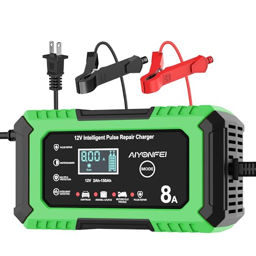 12V Battery Charger 8-Amp Smart Trickle Charger, Green | Battery Maintainer and Desulfator, Temperature Compensation, for Car, Truck, SUV, Motorcycle, Boat, Lead Acid, LiFePO4 - color: Green