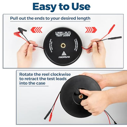 2 Wire 30 ft Retractable Test Leads with 4 mm Banana Plugs and Multimeter Test Leads Kit, Gold-Plated Test Probes, Alligator Clips, Test Hook Clips, Wire Piercing Back Probes and Spade Connectors