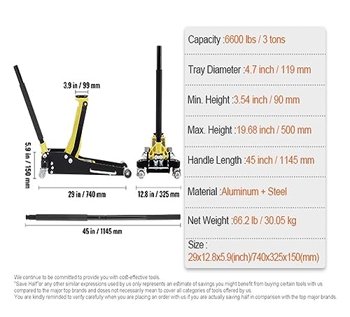 Hydraulic Ram, Car Jack 1.5-3 Ton Floor Aluminum&Steel Racing W/Single Pistons Quick Lift Pump Tire Chan Lifting Repair Tool(3 Ton) - size: 3 Ton