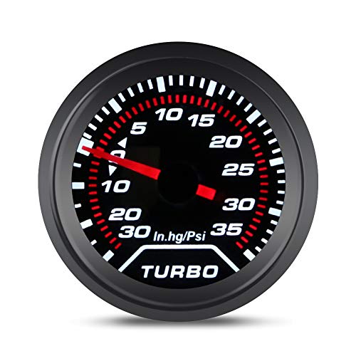 WATERWICH 35 PSI Turbo Boost/Vacuum Gauge Meter Kit Includes Mechanical Hose & T-Fitting - Black Dial - Clear Lens 2" 52mm 12V Universal for Car Truck