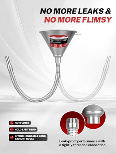 BILITOOLS 4pc Oil Funnel Kit, Flexible & Steel Bendable Oil Change Kit | Funnel For Automotive Use, Flexible Drain Funnel, 14.6"/26.2" Long Neck Hoses, Spill-Free Metal Bendable Spout Funnel Set