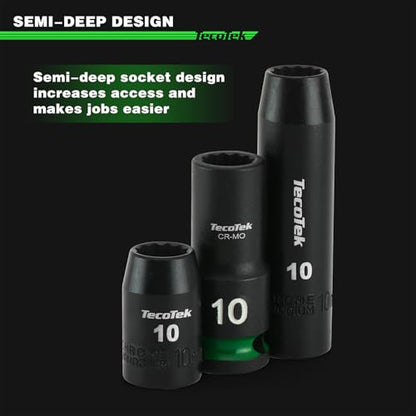TecoTek 3/8-Inch Drive 12-Point Metric Semi-Deep Impact Socket Set, Mid-Length Socket Set, 7mm to 19mm, CR-MO, Stamped and Ink Filled Size Marking, 13-Piece - size: 7mm to 19mm