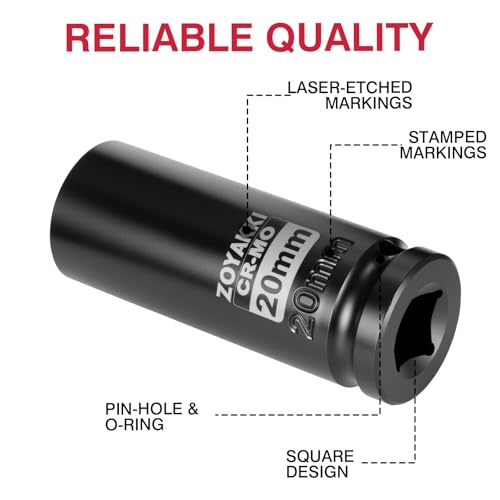 1/2" Drive 20mm Deep 6 Pt CR-MO Metric Impact Socket for Axle Nuts - size: 20mm, style: 1/2" Drive Deep