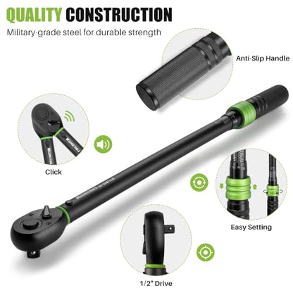 1/2 Inch Drive Torque Wrench 40-320 Ft-Lb for Truck Maintenance | Click Torque Wrench (54.2-433.6Nm) with 3% Precision Dual-Direction Range,72 Tooth Head for RVs,Trailers,Lug Nut Installation - size: 1/2" 40-320FT