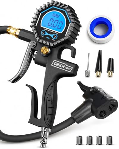 Presta Valve Adaptor with Pressure Gauge and Inflator for Air Compressor | 3-200 PSI, ±1% Accuracy, Longer Hose, Digital, Schrader to Presta Valve Air Chuck