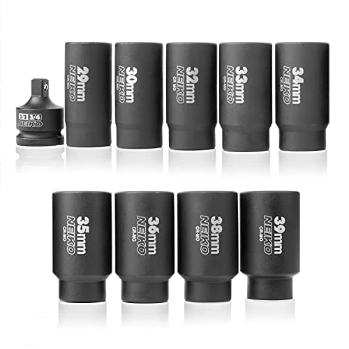 NEIKO 02531A 10 Piece 12 Point Socket Set 1/2” Drive, Lug Nut Remover, Spindle Nut Socket, Axle Nut Socket Set, Metric 29-39mm Socket 1/2 Drive Impact Set, Cr-Mo Impact Adapter, 3/4" -1/2” Reducer - size: 10 Piece Set