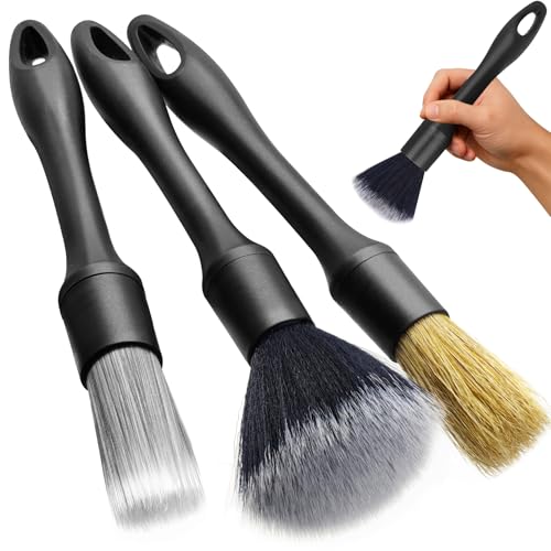 3PCS Car Detailing Brush Set - Interior or Exterior Car Cleaning Brush, [Durable Bristles] Ultra Soft Boars Hair Car Detailing Brushes, Auto Detail Brushes for Air Vent, Leather Seat, Wheels, Emblems