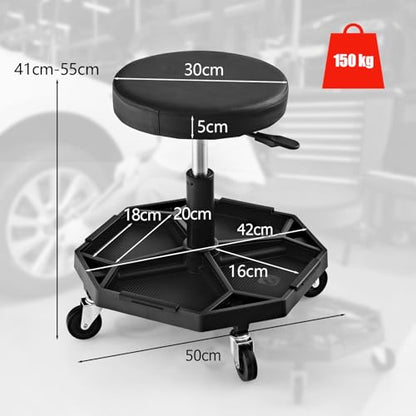 TANGZON 150KG Pneumatic Rolling Mechanic Stool, 41CM-55CM Height Adjustable & 360° Swivel Roller Creeper Seat with Removable Tool Tray and Wheels, Heavy Duty Padded Garage Workshop Stool (Black) - color: Black