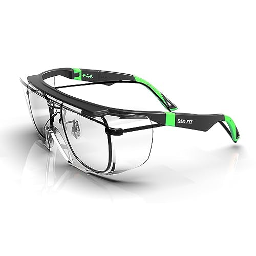 DEX FIT Safety Glasses Over Eyeglasses SG210 - Anti-Fog & Scratch Resistant Z87.1 Certified, Adjustable Temples, Side Shields, UV Protection, Clear Lens PPE for Men & Women; Black & Green, 1 PC - color: Black/Green - Clear, size: 1 PC