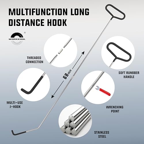 WORKKOOL 26PCS Car Tool Kit with Stainless Steel Assorted 5th Wheel Pin Puller,68 inches Long Distance Puller Hook, Air Wedge and Magnetic Pickup Tool with Flashlight